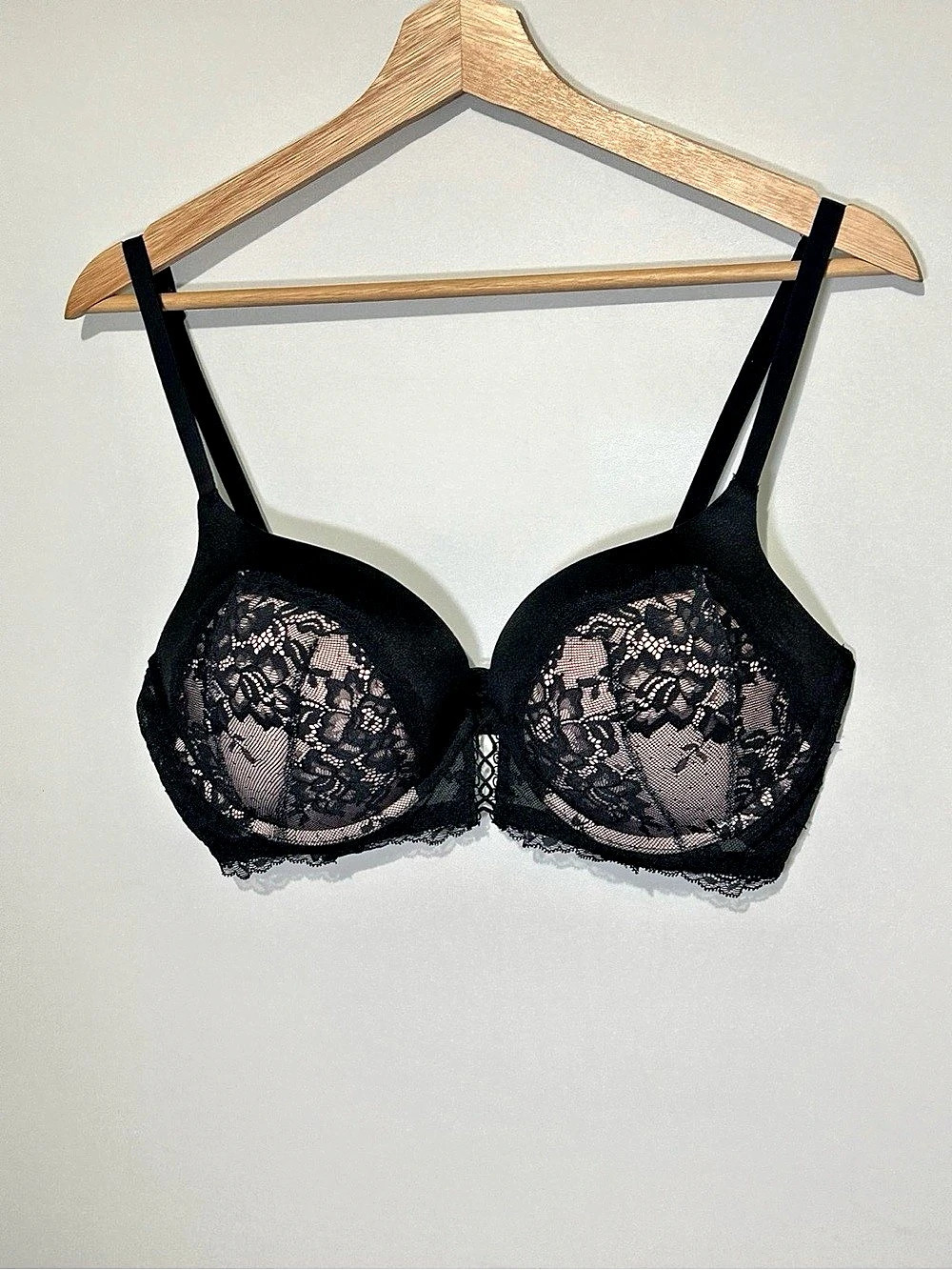 La Senza Hello Sugar Black Lace Push-Up Bra 38C Nude Contrast